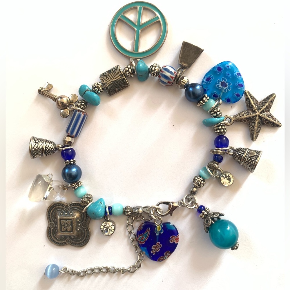 Turquoise Blue Multi-Charm Bracelet with Heart and Star Charms
